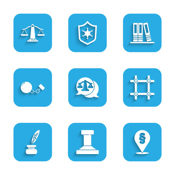 集尺度正义，邮票，位置法律，监狱窗口，羽毛和墨水瓶，球链，办公室文件夹和图标。向量图片下载