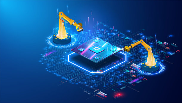 带有机械臂和CPU的未来自动化技术概念图片下载