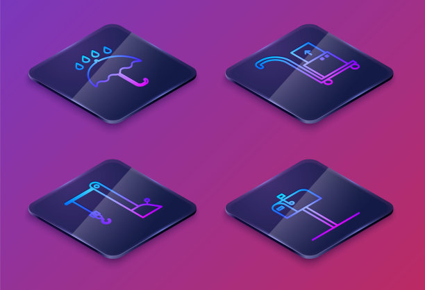 集伞、雨点、港口吊车、手推车、箱包、开信箱等线。蓝色方形按钮。向量图片下载