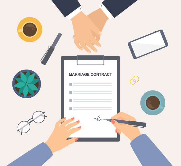 婚前协议。高角度的桌子，女人签署婚姻合同，男人把他的手放在桌子上图片下载