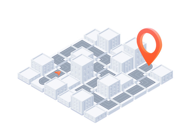 GPS跟踪系统导航。以红色标记为目标，位于3d建筑城市布局中，带有街道和道路。城市布局和基础设施图。矢量插图孤立，白色背景图片下载
