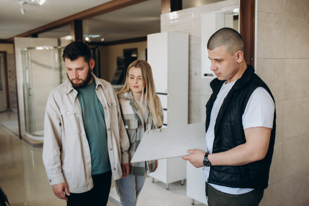 积极的夫妇选择厨房瓷砖在现代商店。图片下载