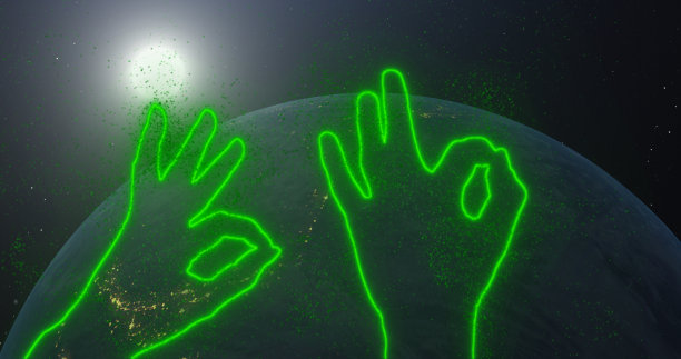 手势，好的。在太空、旋转的地球和明亮的太阳的背景下，霓虹绿色发光的双手轮廓显示出一种认可的象征。使用美国宇航局的环球照片图片下载