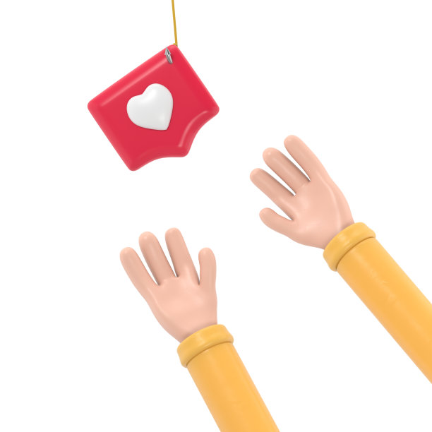 卡通手势图标模型。手伸向钩上有心形图案的别针。社会隐喻，揭示了观念的操纵和贪婪。白色背景的3D渲染。图片下载