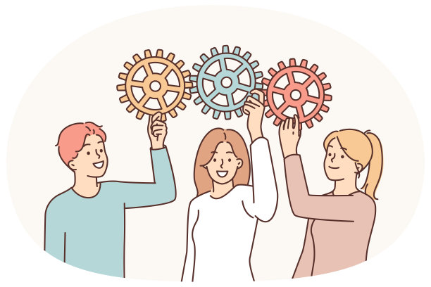 佩戴齿轮的业务人员象征着公司员工之间的协作，以实现KPI图片下载