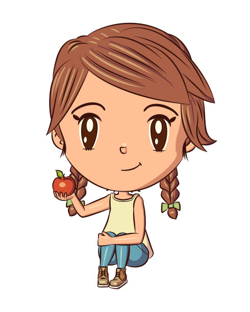 女孩坐在地板上，手里拿着红苹果图片下载