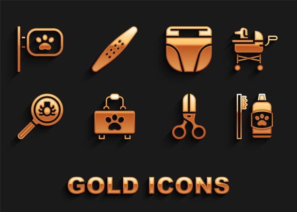 集宠物急救箱，婴儿车，牙齿卫生的宠物，剪刀理发师，跳蚤搜索，尿布狗，美容和指甲文件图标。向量图片下载