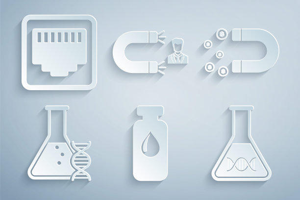 集医用小瓶，安瓿，磁铁与钱，DNA研究，搜索，，客户吸引和网络端口电缆插座图标。向量图片下载