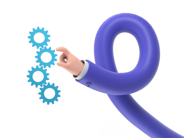 卡通手势图标模型。资产管理理念。设置机构齿轮。三维插图平面设计。商人手里拿着齿轮。图片下载