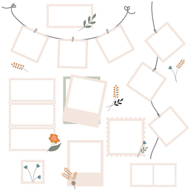 宝丽来相框设置在平面设计。不同类型的复古相框和邮票的捆绑与空白空间图片下载
