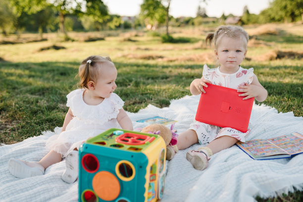 有趣的孩子姐妹在夕阳下玩玩具。可爱的女婴坐在公园绿草地上的毯子上。美丽的孩子们在夏天的大自然。家庭野餐的概念，共度春光。图片下载