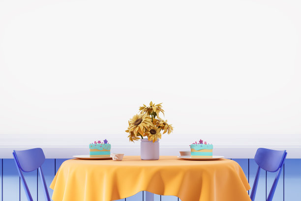 有椅子的咖啡桌和装有鲜花、蛋糕和咖啡的花瓶。模拟横幅图片下载