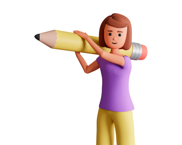 3d女人角色持有大铅笔孤立在白色背景图片下载