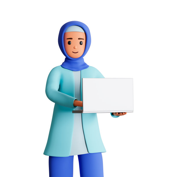 年轻的穆斯林妇女戴着头巾站在打开笔记本电脑三维插图。穆斯林女商人站立全身，并持有打开笔记本电脑3d插图图片下载
