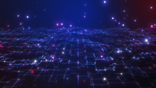 飞行在未来的数字技术领域。发光红蓝色粒子背景。图片下载