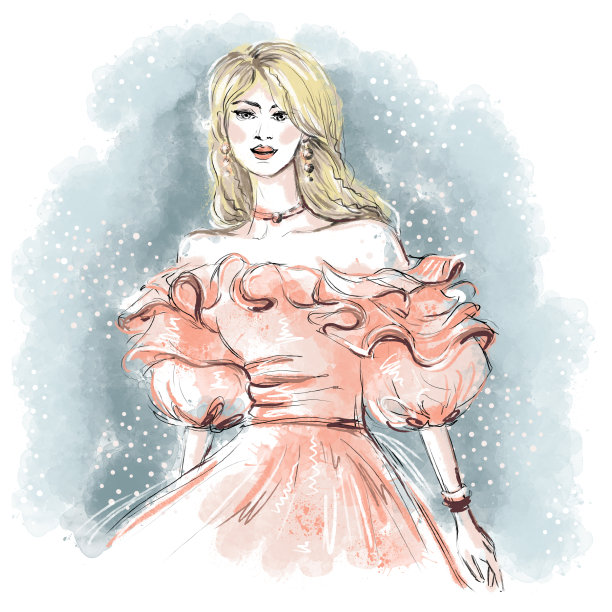 美丽的新娘在蓝色水彩背景上穿着粉红色的婚纱图片下载