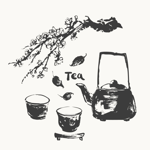 手工绘制的茶壶，杯子，梅花，树叶的水墨素描，传统的日本sumi-e风格。图片下载