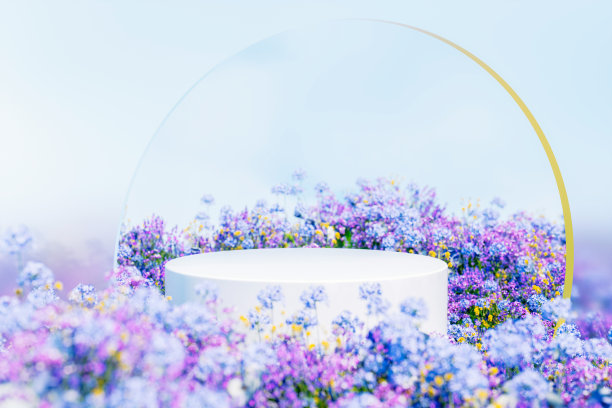 自然风光的讲台背景配上春暖花开的田野风光。3 d渲染。图片下载