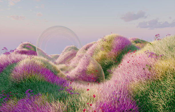 抽象的春花景观场景与水泡。3 d渲染。图片下载