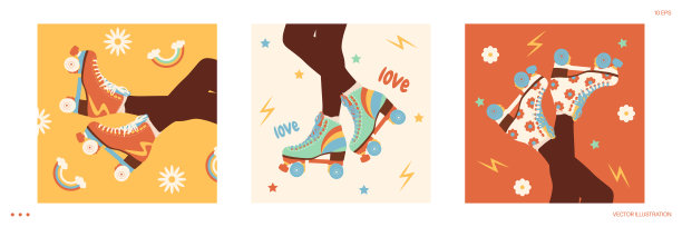 一个穿旱冰鞋的女孩。各种复古风格的旱冰鞋。复古的旱冰鞋。明亮的轮滑鞋。滑旱冰。漂亮的黑人女人。身体部位，腿图片下载