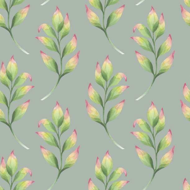无缝图案简单抽象树枝与绿色粉红色的叶子。美丽温柔的剪贴画。手绘水彩插画背景。用于织物、纺织品、包装、墙纸的植物设计图片下载