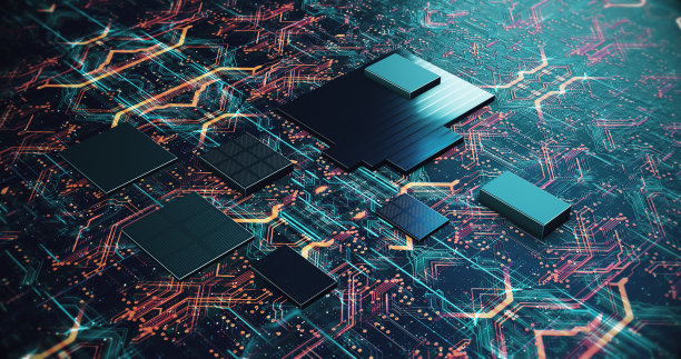 数据在计算机板上流动。强大的中央处理器和人工智能微芯片。图片下载