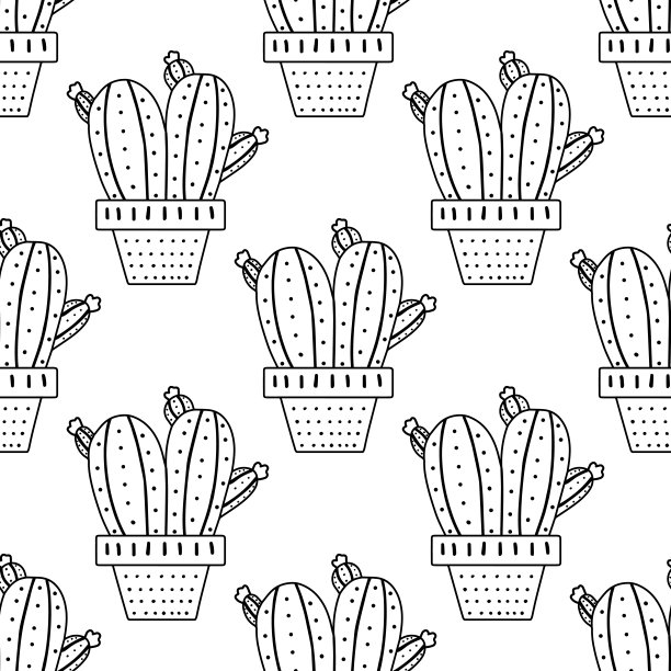 手绘矢量无缝仙人掌图案。概述涂鸦风格的刺植物，盛开的仙人掌，多肉植物在陶瓷花盆插图。家庭植物，墨西哥仙人掌花。图片下载