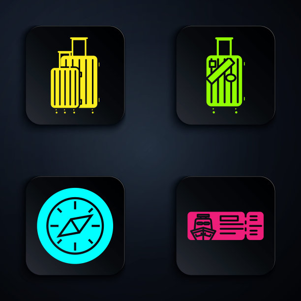 集邮轮船票、旅行箱、指南针、旅行箱及贴纸。黑色方形按钮。向量图片下载