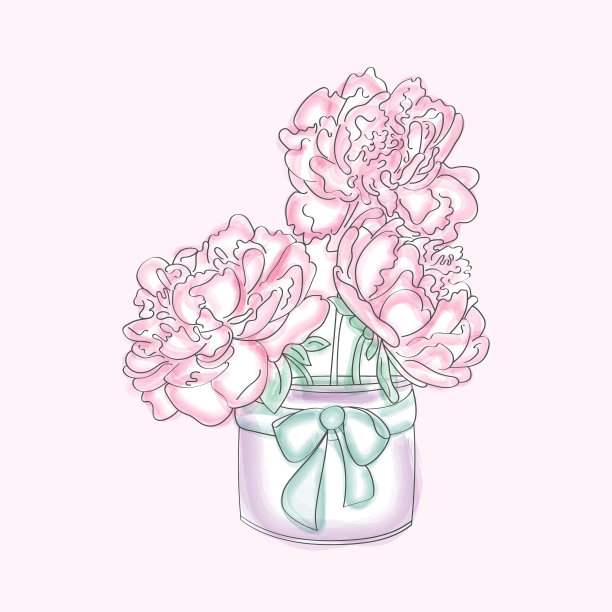 粉红色的花在玻璃花瓶绘图图片下载