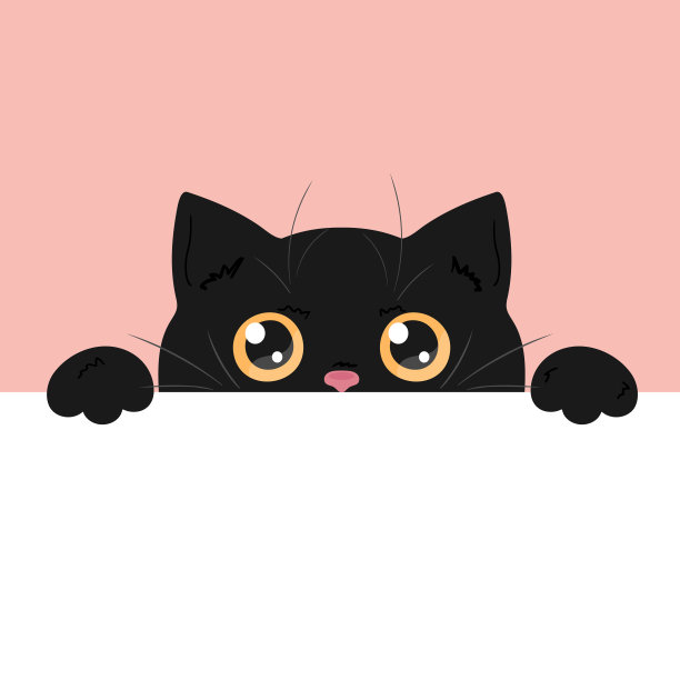 可爱的黑猫偷窥。好奇的猫长着大大的黄色眼睛，正朝桌子外面看。空白文本空间。矢量图图片下载