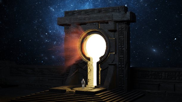宇航员面对着一个古老的传送门，在宇宙恒星的背景下发出明亮的光。宇航员和星际之门。三维渲染图片下载