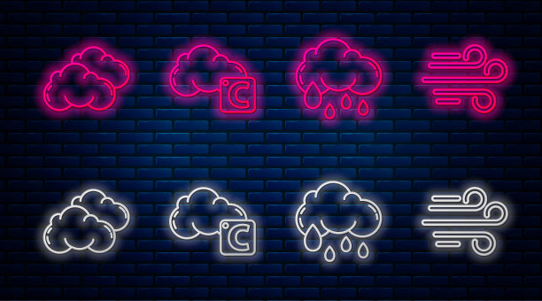 设定摄氏与云，云与雨，云与风。砖墙上发光的霓虹灯图标。向量图片下载