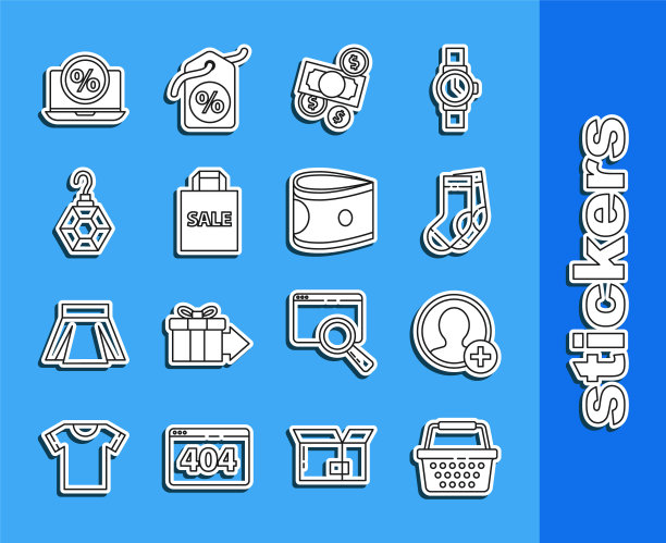 设置线购物篮，创建帐户屏幕，袜子，钱现金和硬币，购物袋与销售，耳环，百分比折扣笔记本电脑和堆栈纸币图标。向量图片下载