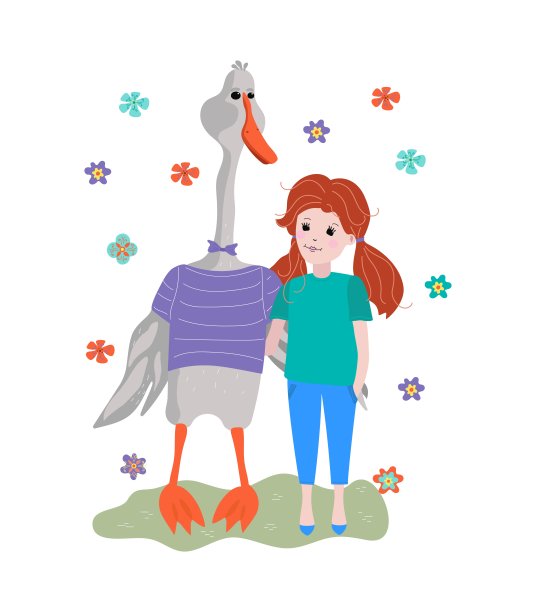 女孩和鹅，朋友们。爱动物。保护和照顾动物。农场。家禽、鲜花。矢量图形。图片下载