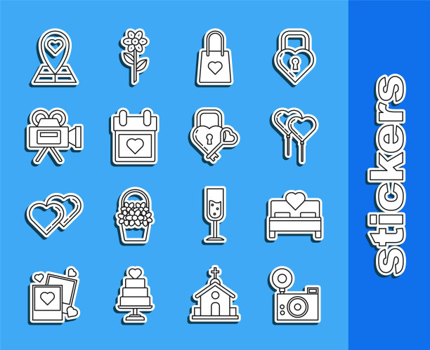 集线照片相机，卧室，气球的形式与丝带，购物袋，日历，电影院，地图指针和城堡的形状和关键图标。向量图片下载