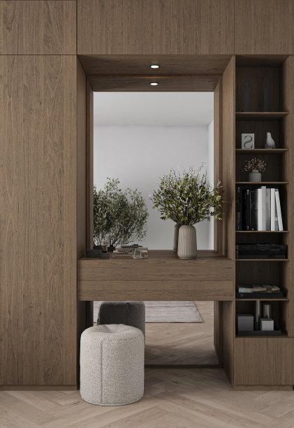 优雅的木制角落，装饰植物和书架在现代家庭内部图片下载