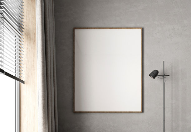 极简主义的室内设计与空画框准备艺术，辅以现代落地灯图片下载