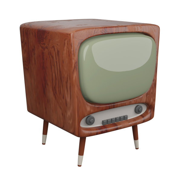 3D插图渲染模型的旧电视在棕色木箱腿上透明的背景图片下载