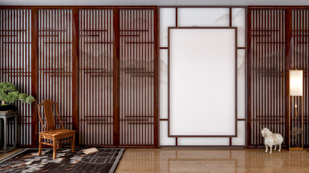 中国传统风格客厅模拟用空白画布画框，3D渲染图片下载