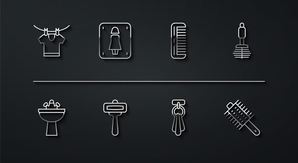 烘干衣服，带水龙头的洗脸盆，马桶刷，挂在衣架上的毛巾，剃须刀，女马桶，发刷和图标。向量图片下载