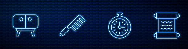 集线怀表，电视桌架，发刷和莎草纸卷轴。砖墙上发光的霓虹灯图标。向量图片下载