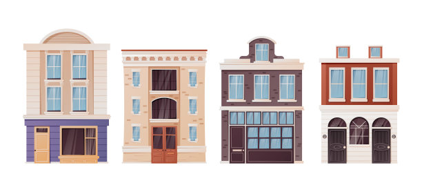 一套多层建筑，具有古典风格。卡通房屋，现代建筑和城市外观。矢量隔离在白色插图上。图片下载