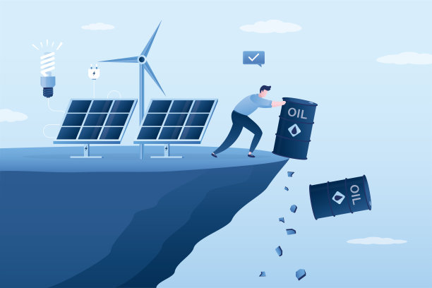 改变能源政策。开始使用风能和太阳能。商人把油桶从悬崖推到深渊。替代能源、生态、环保。图片下载