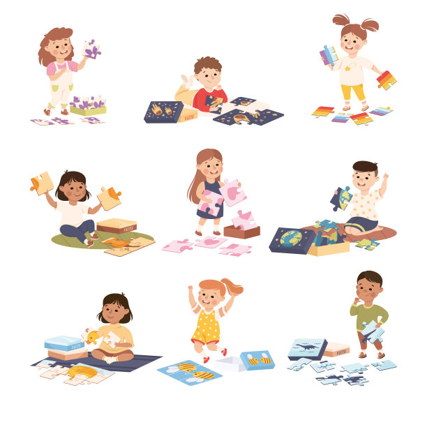 孩子们玩拼图拼图坐在地板上组装马赛克碎片成图片矢量集图片下载