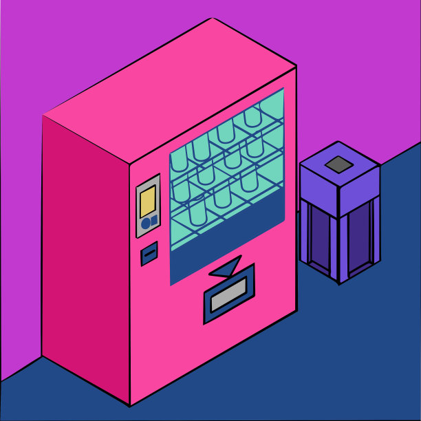 等距插图自动售货机与垃圾桶。图片下载