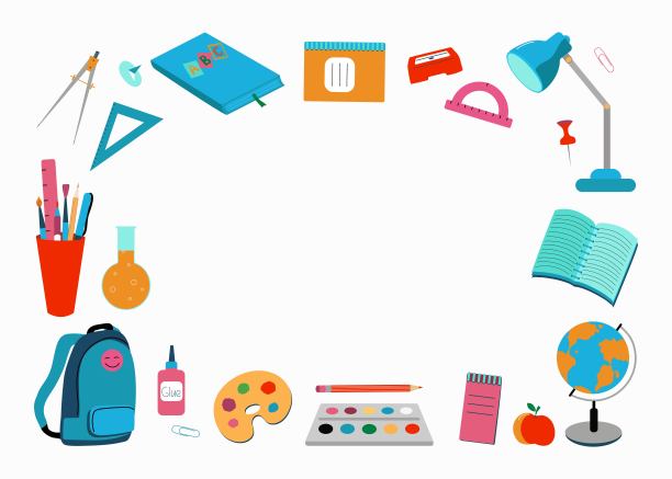 框架文具，学习，学校配件。学习、教育用品套装。放置文字、信息横幅。颜色矢量插图。背景孤立。图片下载
