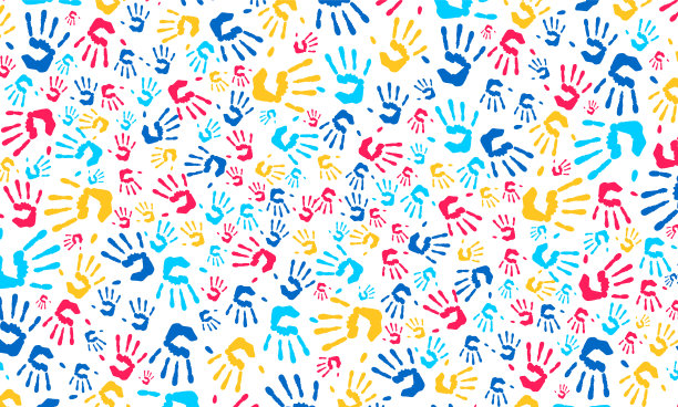 自闭症宣传日概念五颜六色的孩子手一起无缝图案背景。儿童手印形状的自闭症无缝模式矢量插画背景自闭症日模板。图片下载