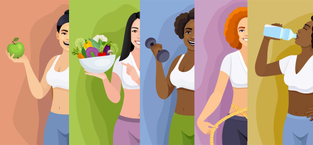 体育运动网页横幅概念。旗帜与健康的妇女促进健康的生活方式通过体育活动，补水，营养饮食。图片下载