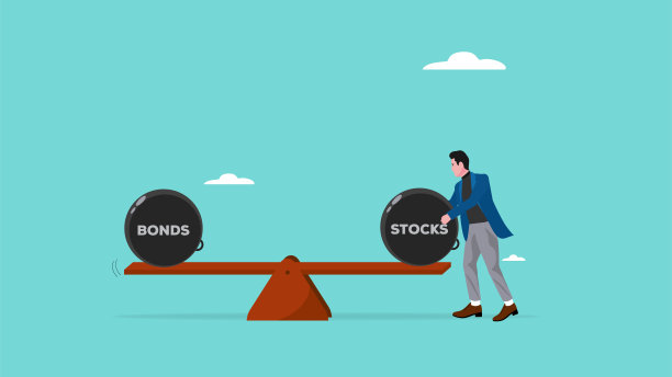 股票和债券的平衡插图，跷跷板上的重量球，象征着股票和债券之间的和谐与公平，商人在跷跷板上平衡股票和债券的重量图片下载