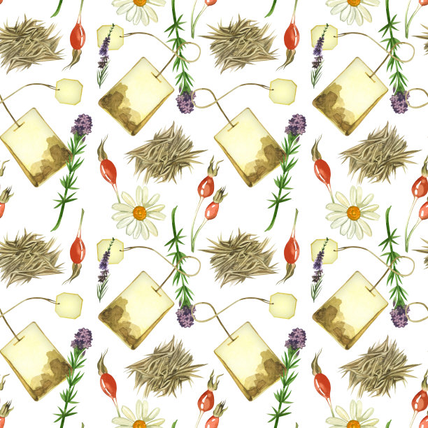 水彩的模式。茶包，草药茶，鲜花，牛至叶，玫瑰果，牛至叶，水彩画。适用于织物、纸张、图案、剪贴簿等印刷图片下载